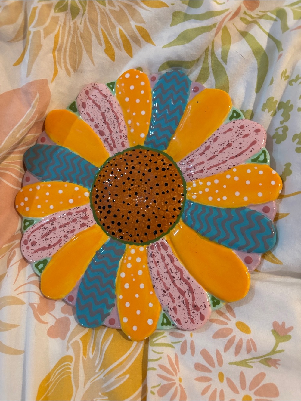 Source Unknown Painted Ceramic Sunflower Wall Plaque - Yellow, Blue, Pink, Brown